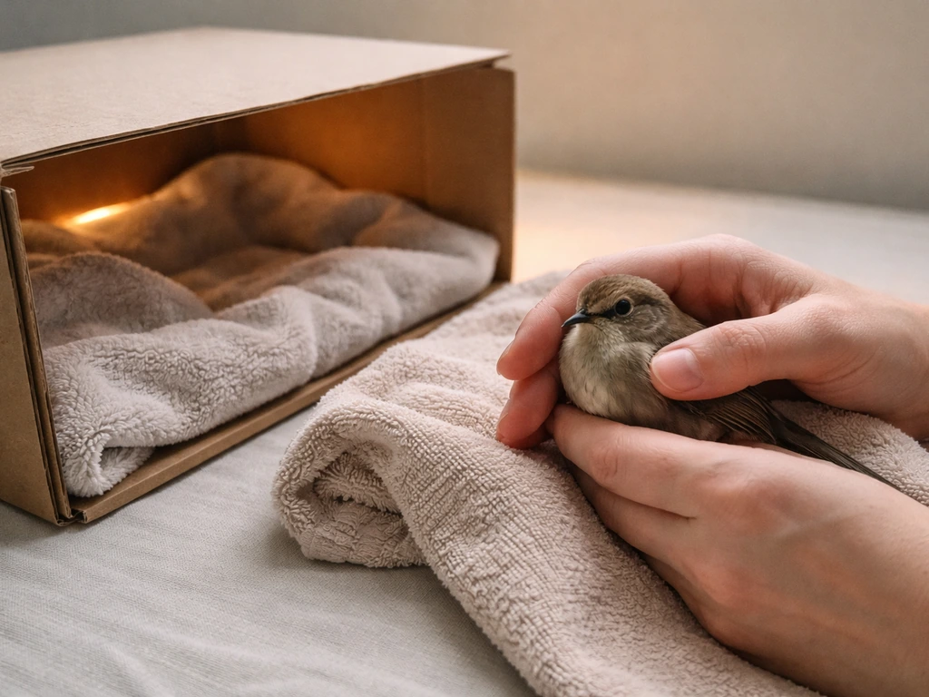 Person gently holding a small bird near a warm, covered recovery box in a quiet indoor setting.