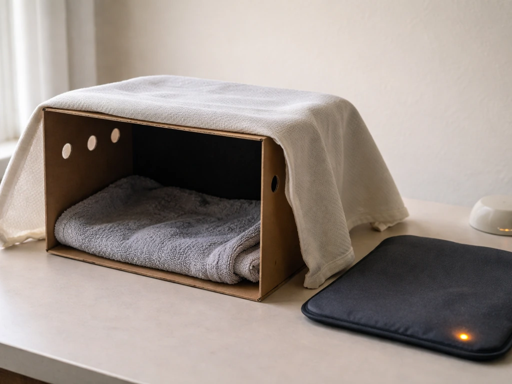 Sturdy dark recovery box on a table with a towel lining, used for a stunned bird waiting period.