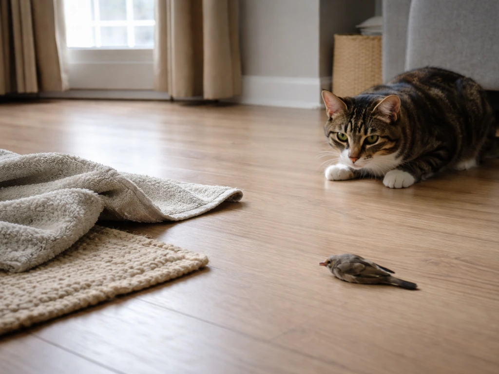 Indoor living-room scene: a cat alerts beside a small bird on the floor, non-graphic, urgent mood.