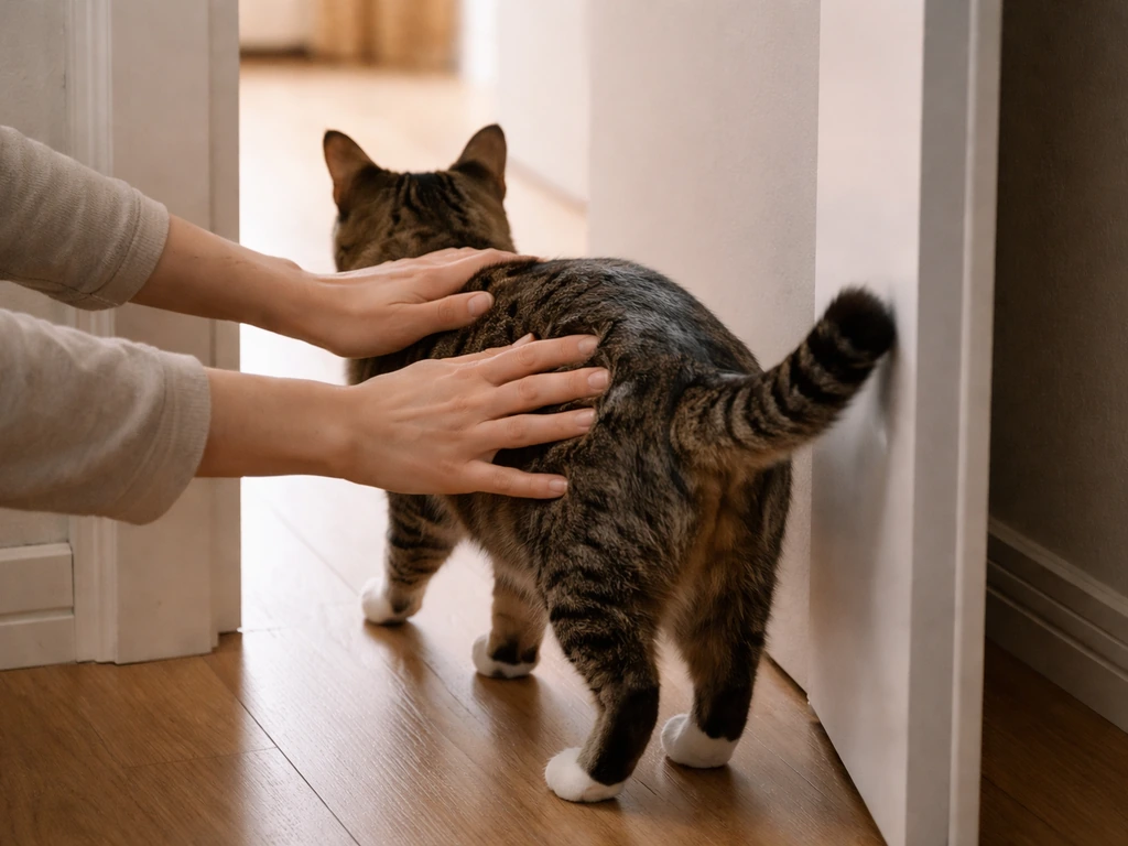 A person’s hands gently guiding a cat into a closed room to keep it away from danger