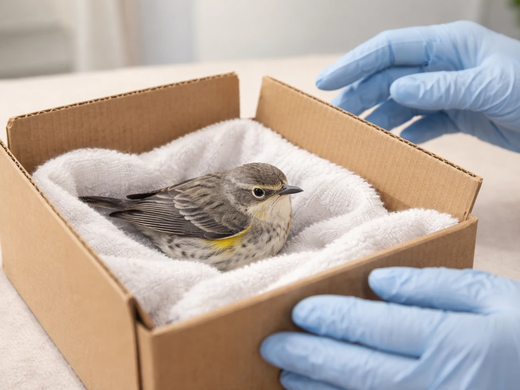 Small bird resting in a padded carrier while gloved hands prepare for immediate inspection.