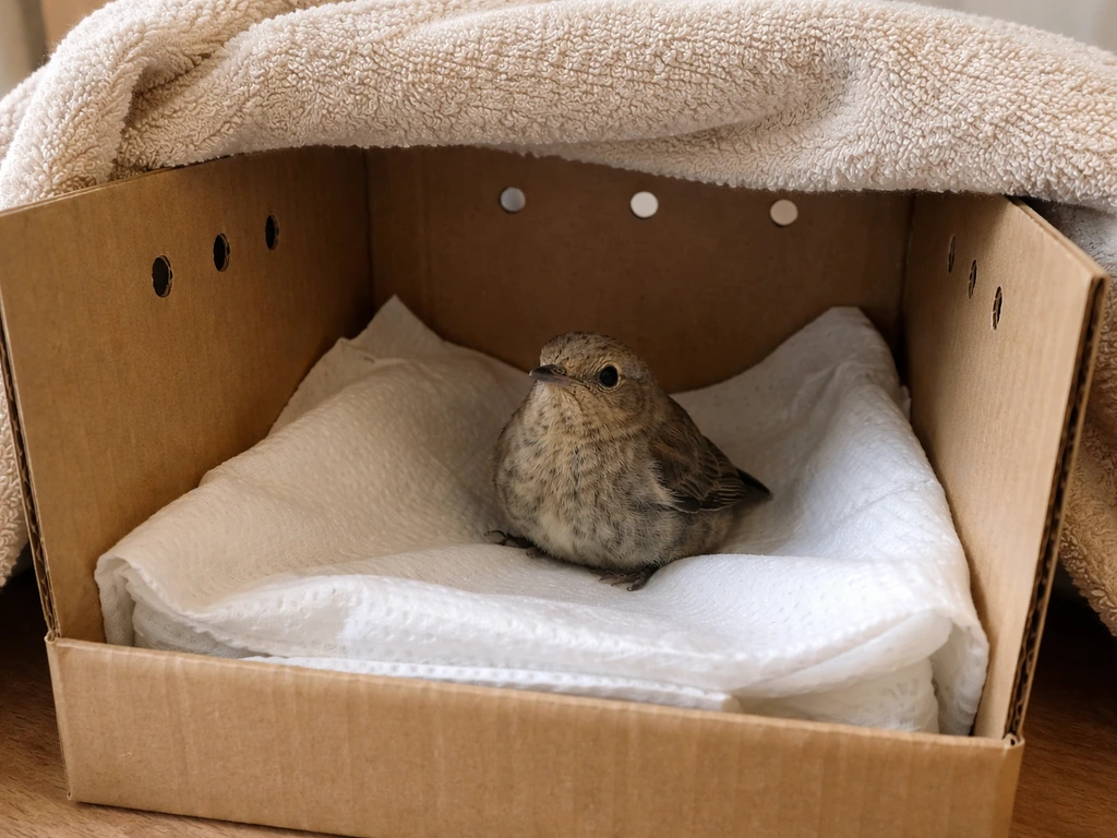 Distressed bird resting in a dark cardboard box lined with soft cloth, with small ventilation holes.