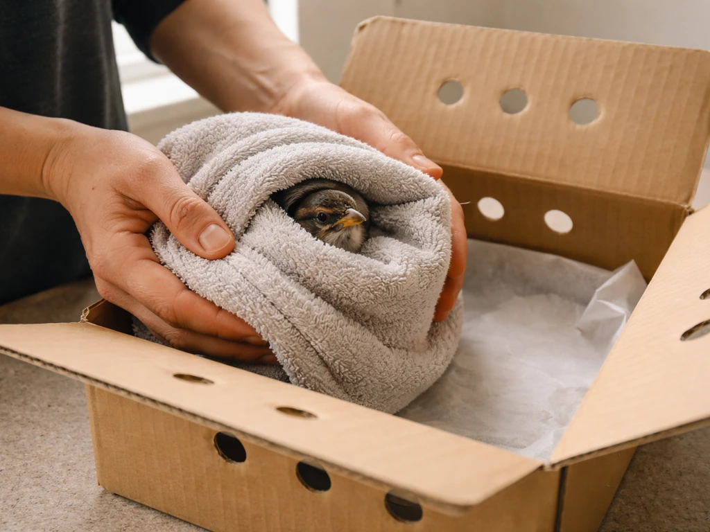 A bird wrapped loosely in a towel and placed in a ventilated cardboard carrier for safe transport