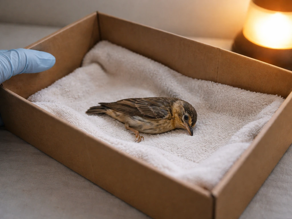Small bird stabilized in a towel-lined box with a nearby heat source, signaling immediate triage