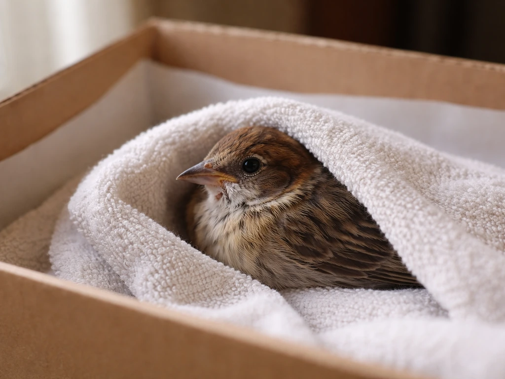 Close-up of a small bird gently wrapped in a soft towel inside a shallow, lined container.
