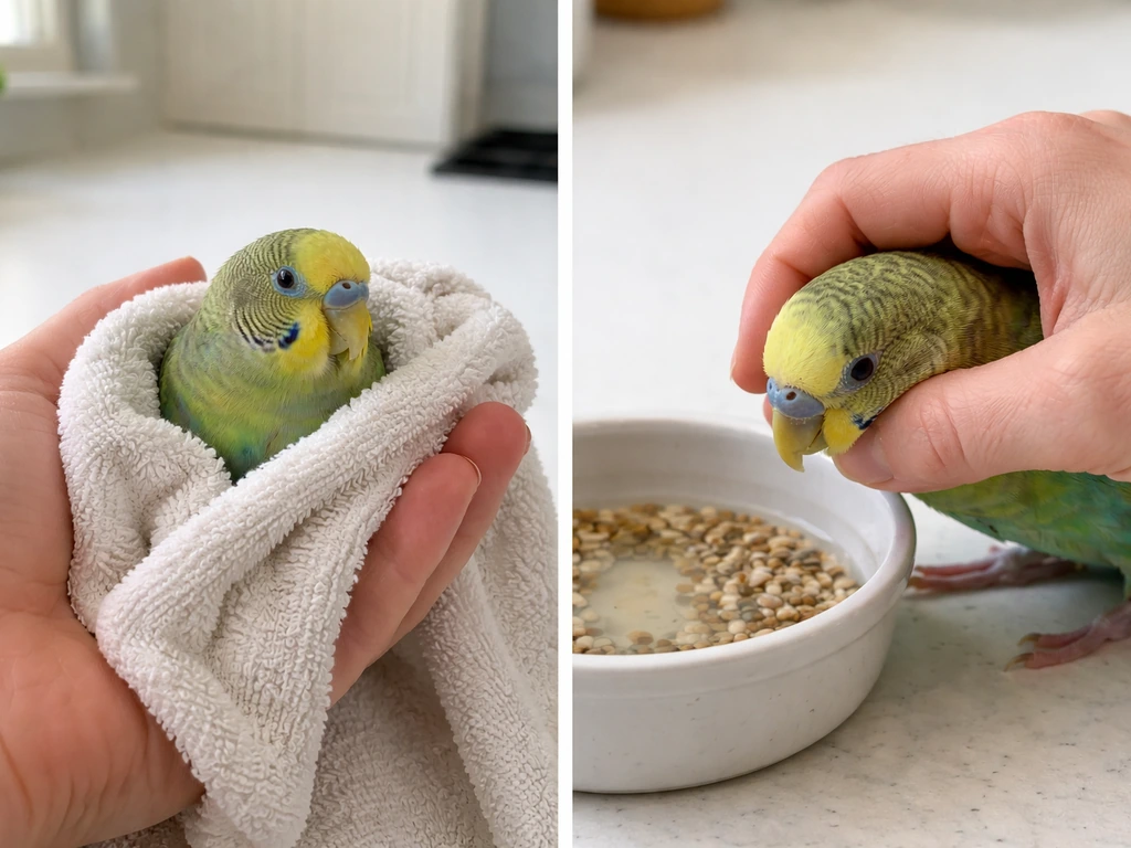 Split photo: towel-gently supported bird on left vs unsafe direct head holding near water on right.