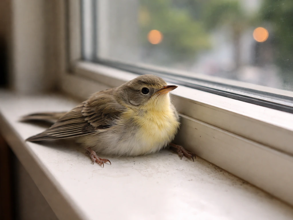 Small bird on a windowsill near a closed glass window, looking stunned after a window strike.