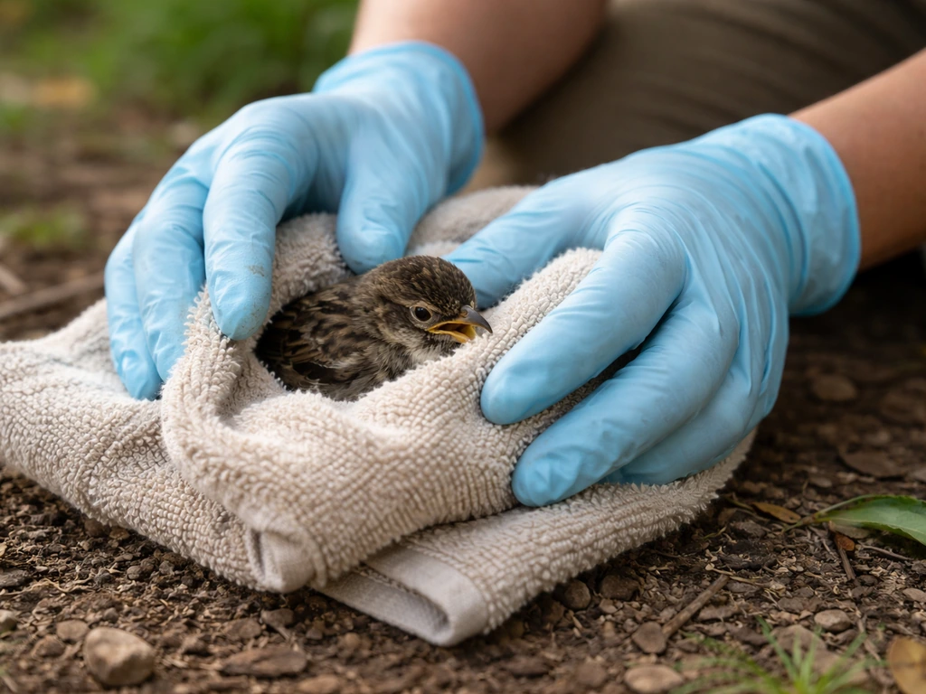 Gloved caregiver gently using a folded towel to handle an injured wild bird on the ground