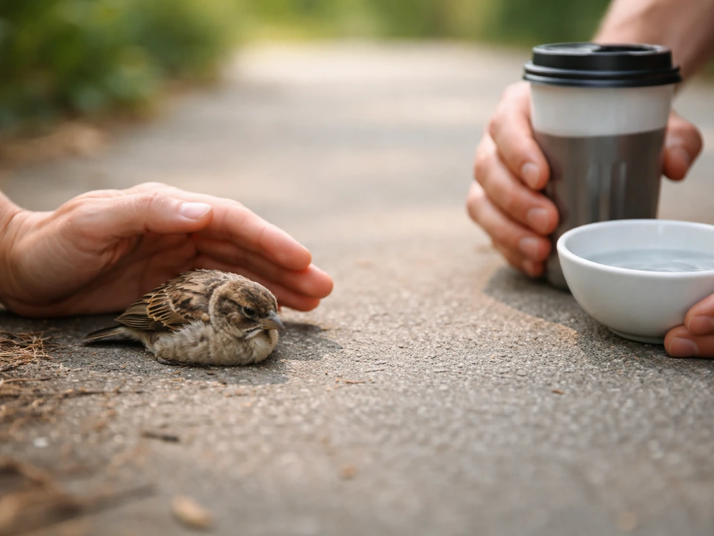 An injured bird on a path with hands holding food and water away, showing not to feed or water.