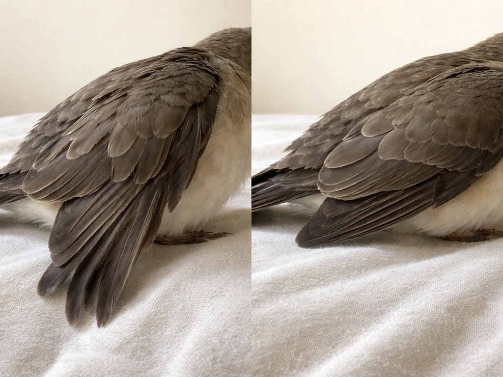 Close-up side view showing an injured bird wing drooping next to a tucked healthy wing.