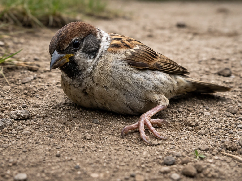 Small bird on dirt with one leg dragged and toes curled abnormally, body tilted to one side.