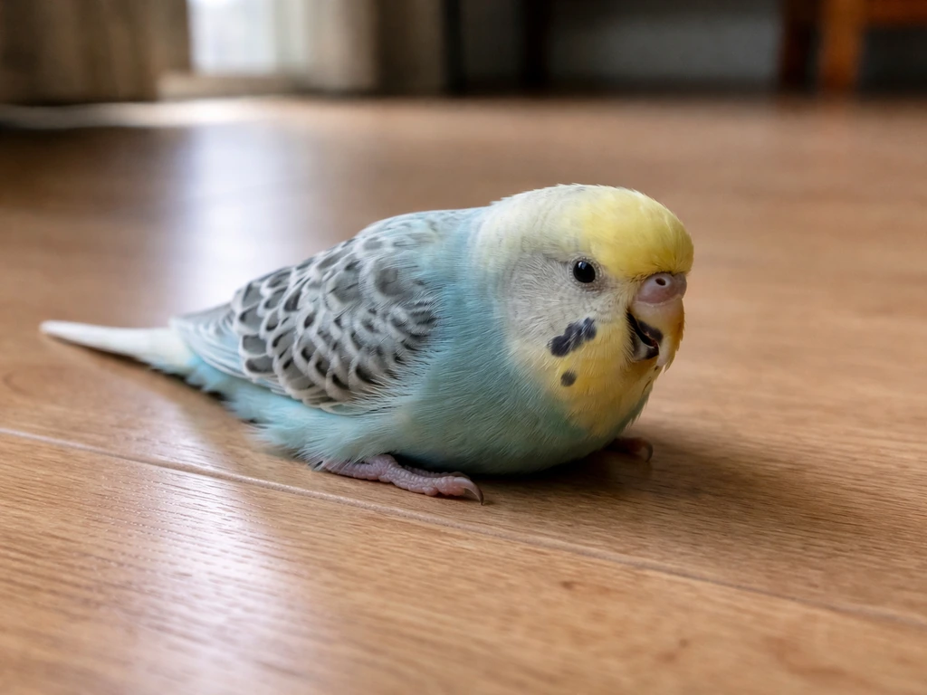 Small bird on the ground with beak slightly open and subtle bobbing, showing possible gasping.