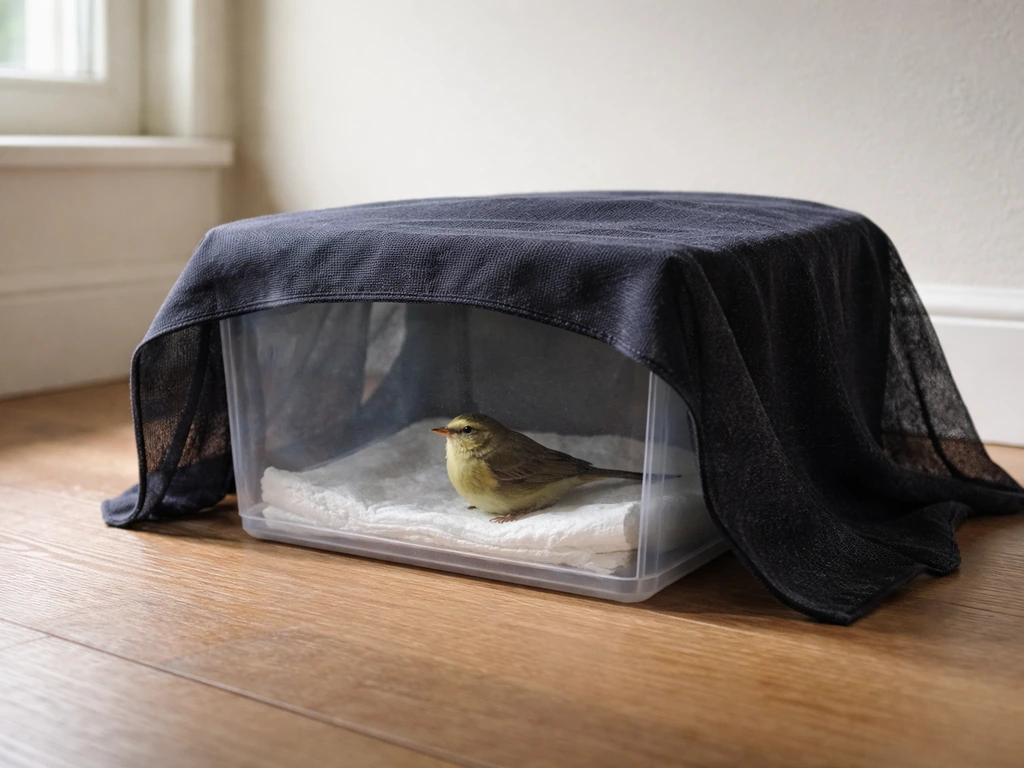 Small bird resting in a covered recovery box on a quiet indoor floor after a window collision.