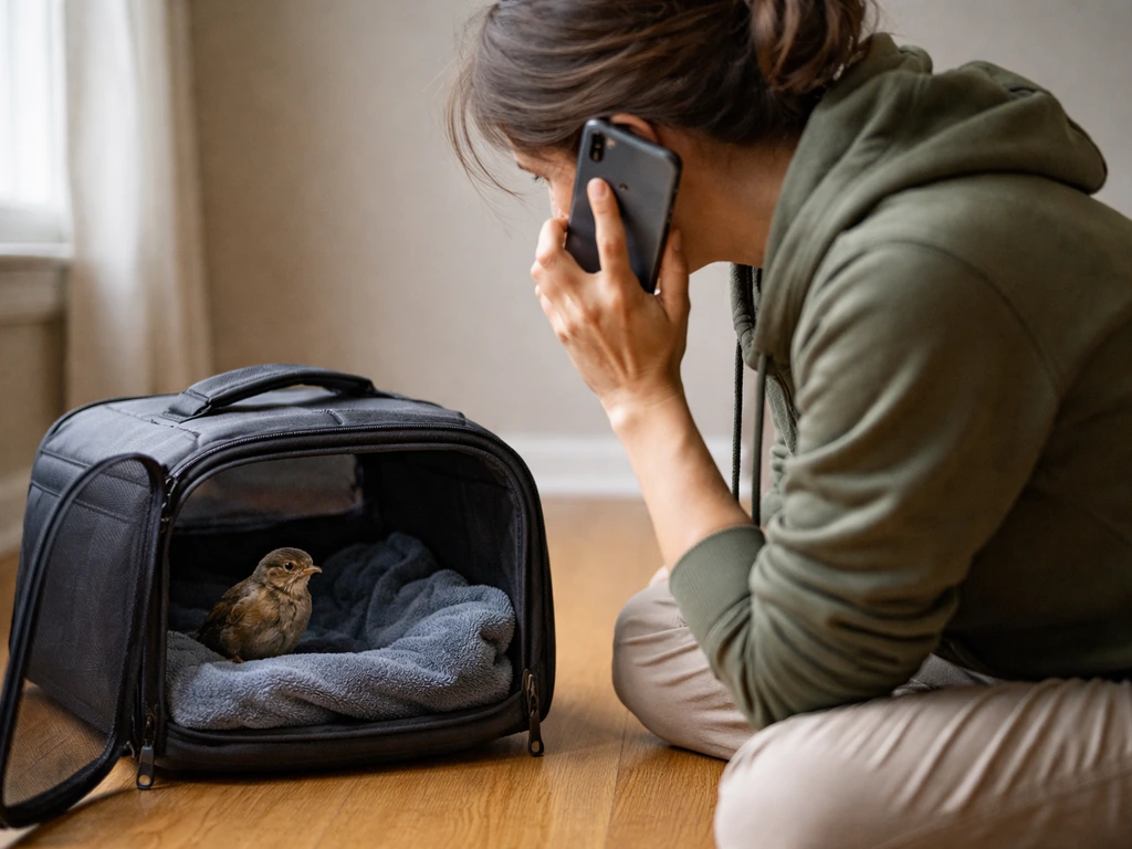 Wildlife caregiver on a phone call while a small bird rests in a dark cloth-lined container nearby.