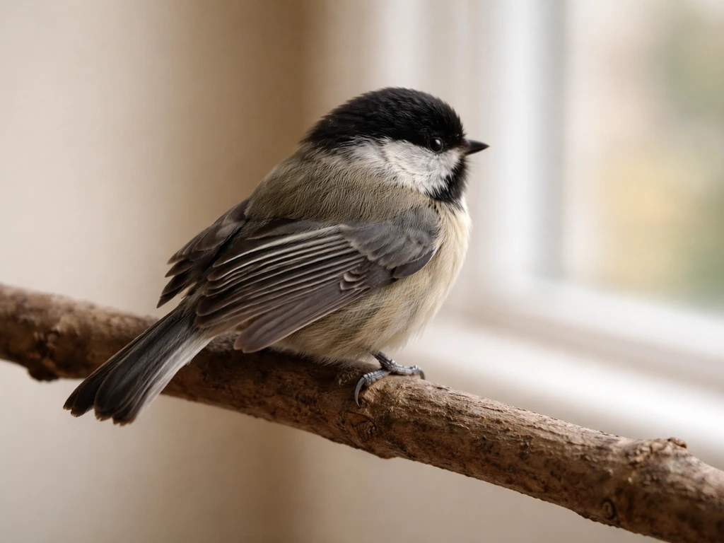 Calm small bird perched with one wing gently visible, outer feather tips slightly shorter as if clipped.