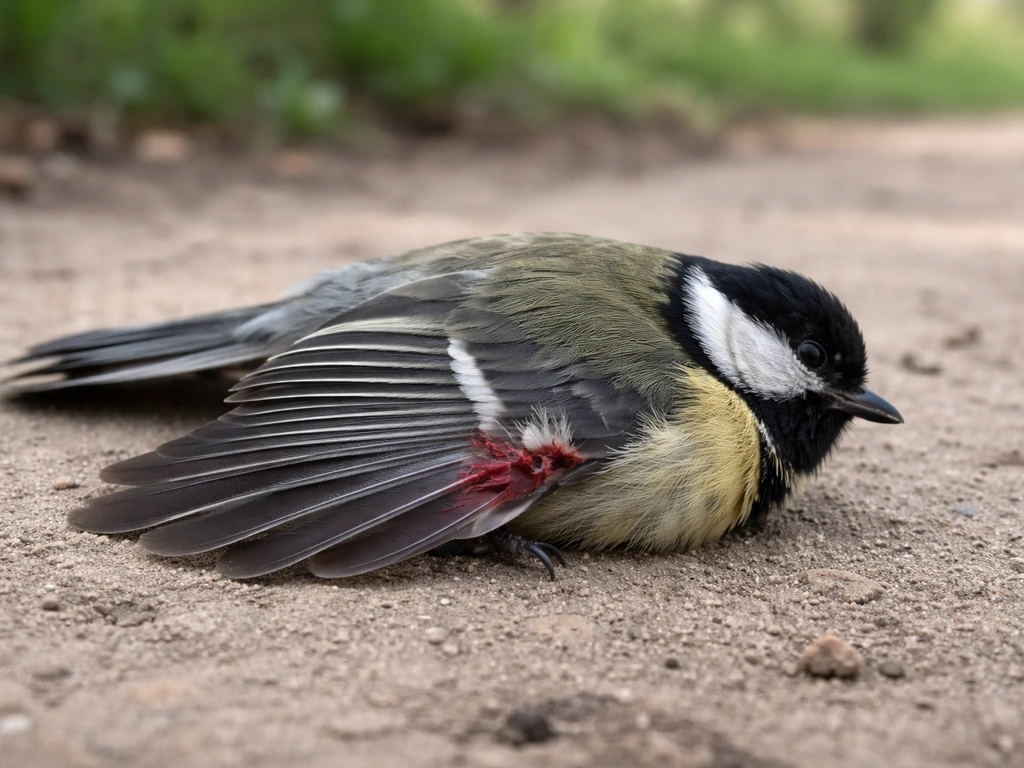 Small injured bird on the ground with blood-stained wing feathers and slight wing swelling.