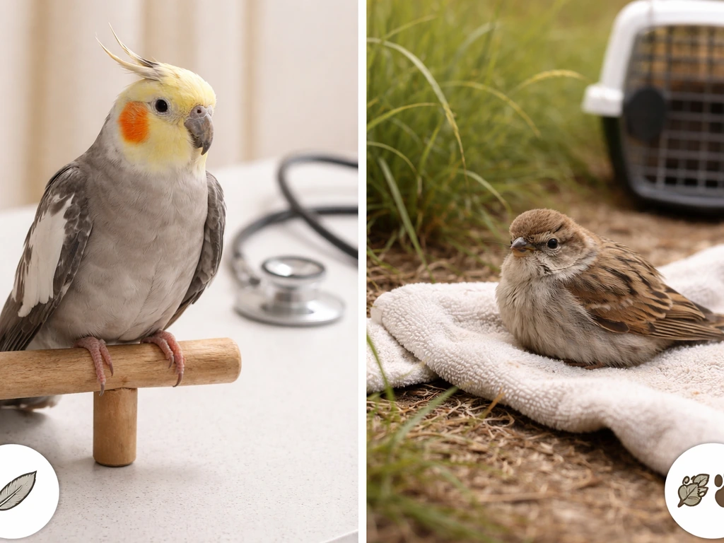Split photo: calm clipped pet bird indoor left vs a small wild bird on grass with transport crate right.