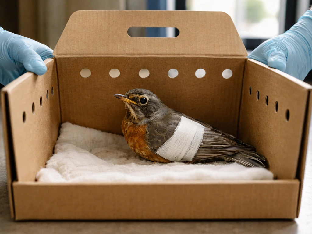 Bandaged wild bird resting in a ventilated lined transport box while gloved hands steady it for urgent care.