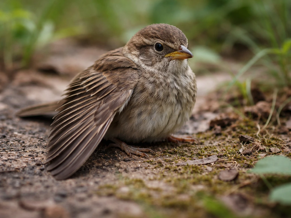 Small wild bird on the ground holding one wing lower at an odd angle, hinting at possible injury.