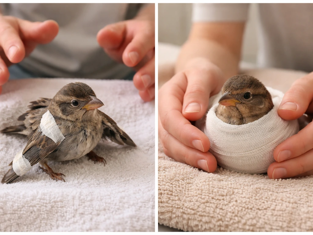 Two-panel image: DIY splint attempt makes a winged bird struggle; gentle wrap restrains without splinting.