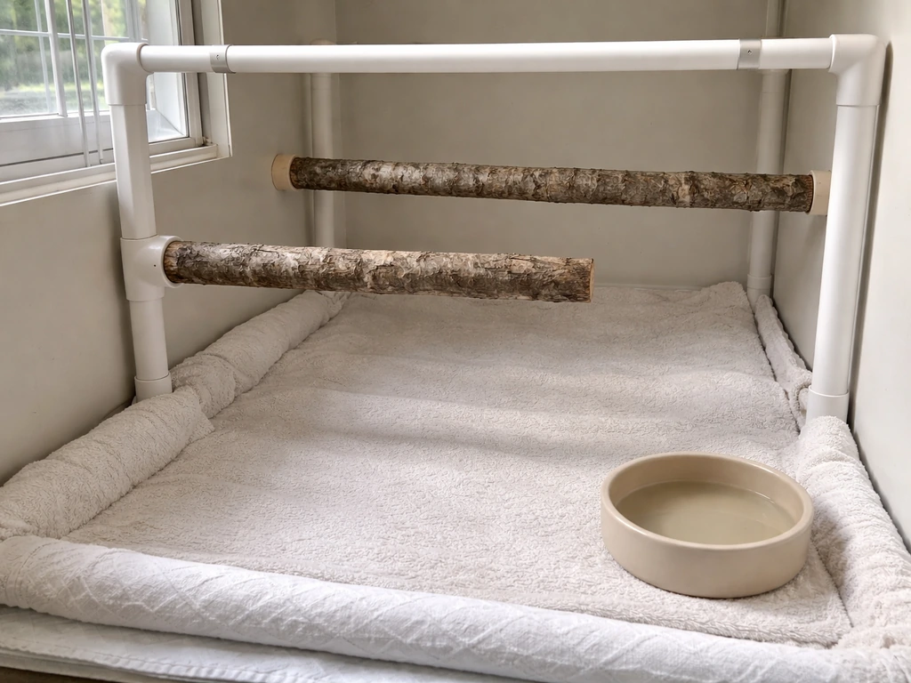 Close view of a wildlife recovery enclosure with soft bedding and a sturdy perch for safe healing