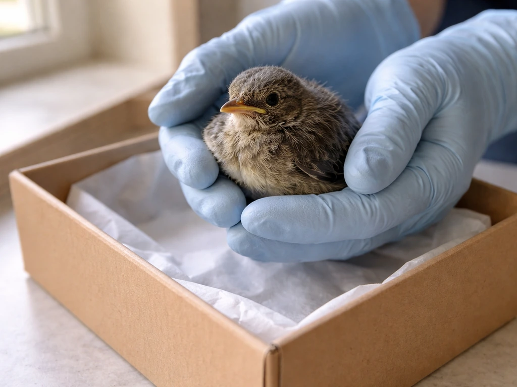 A young bird held carefully in a small lined cardboard box, signaling immediate rescue and safe care.