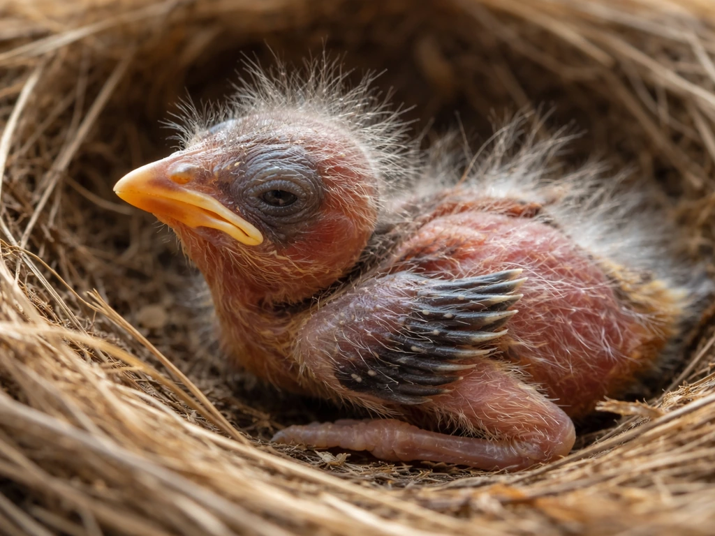 Close-up of a nestling chick with sparse down and few developing feathers in its nest.