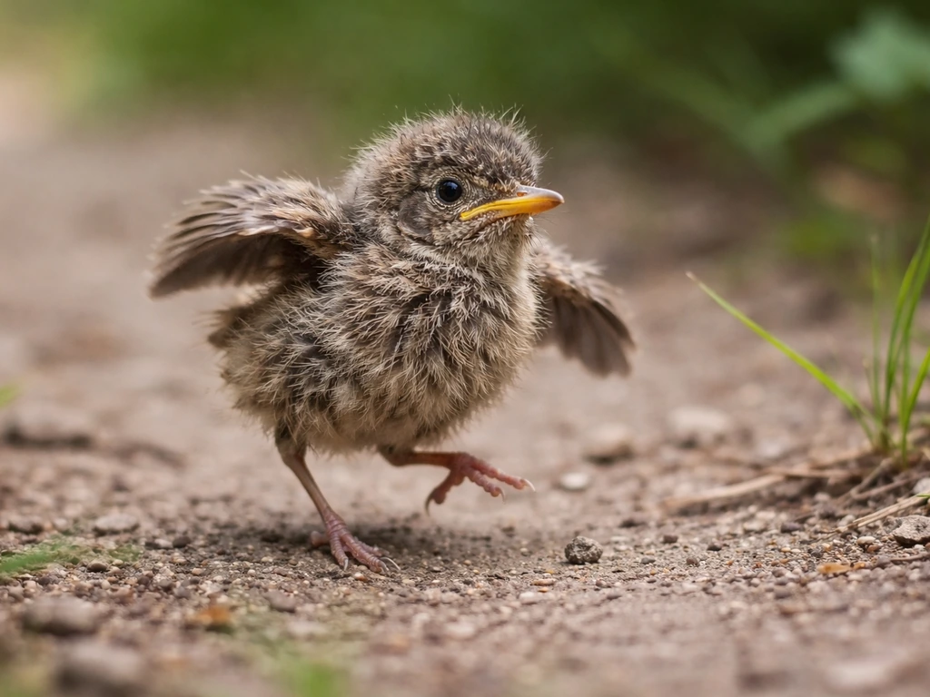 Small fledgling bird hopping on soil with scruffy feathers and wings slightly out, brief perching posture.