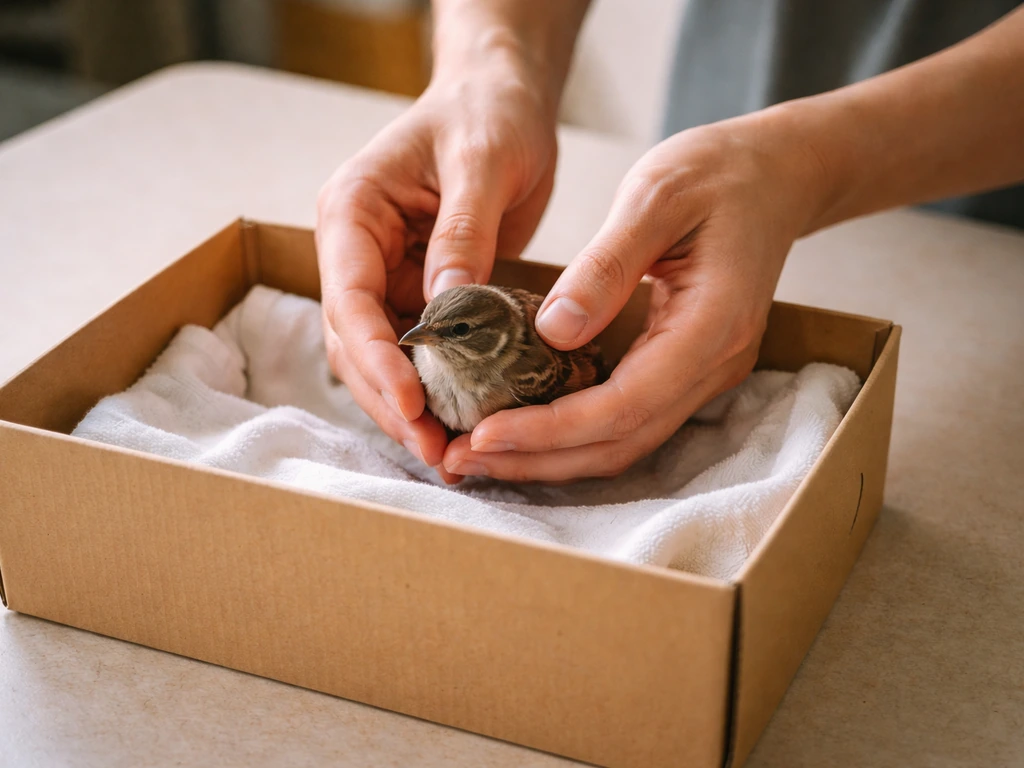 Anonymous hands gently place a small bird into a soft-lined cardboard box to limit movement.