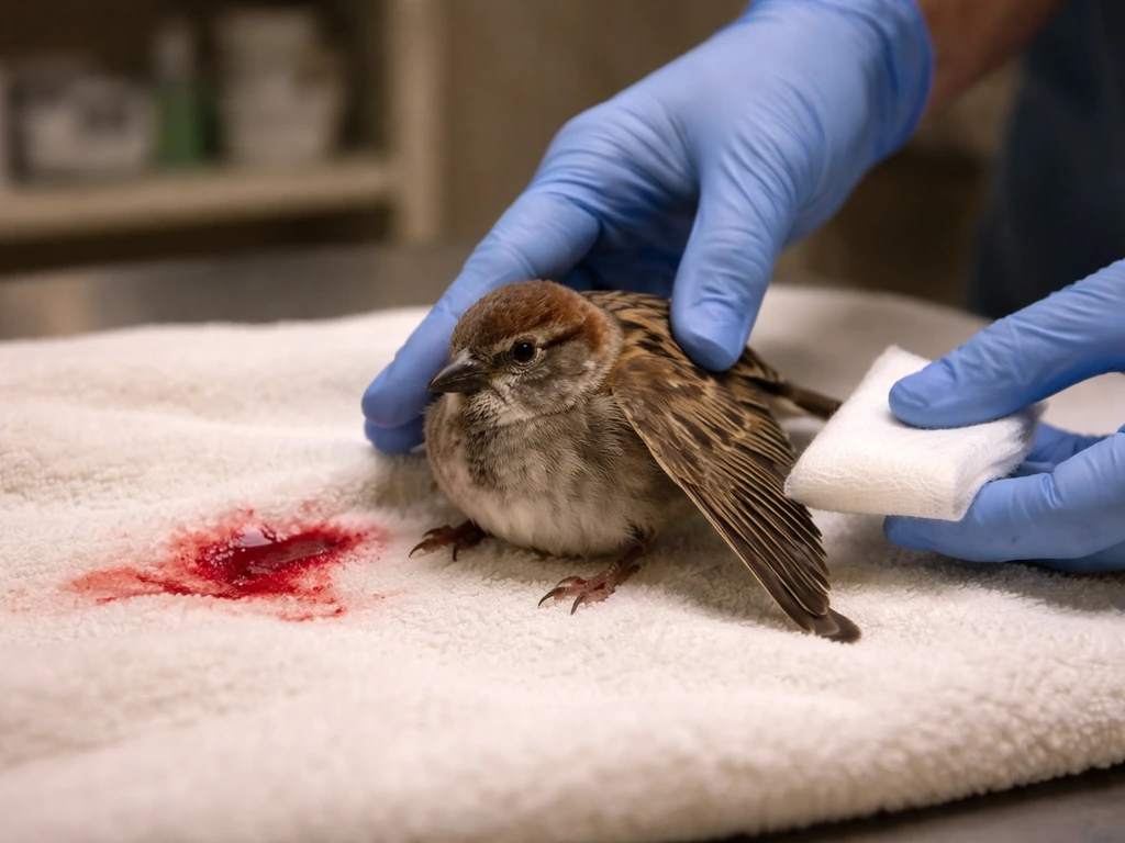 Injured bird with abnormal wing, veterinarian applying gentle pressure in a quiet clinic room.