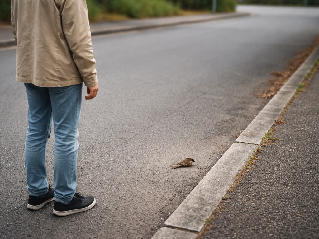 Person stands back watching an injured bird on the roadside pavement without approaching