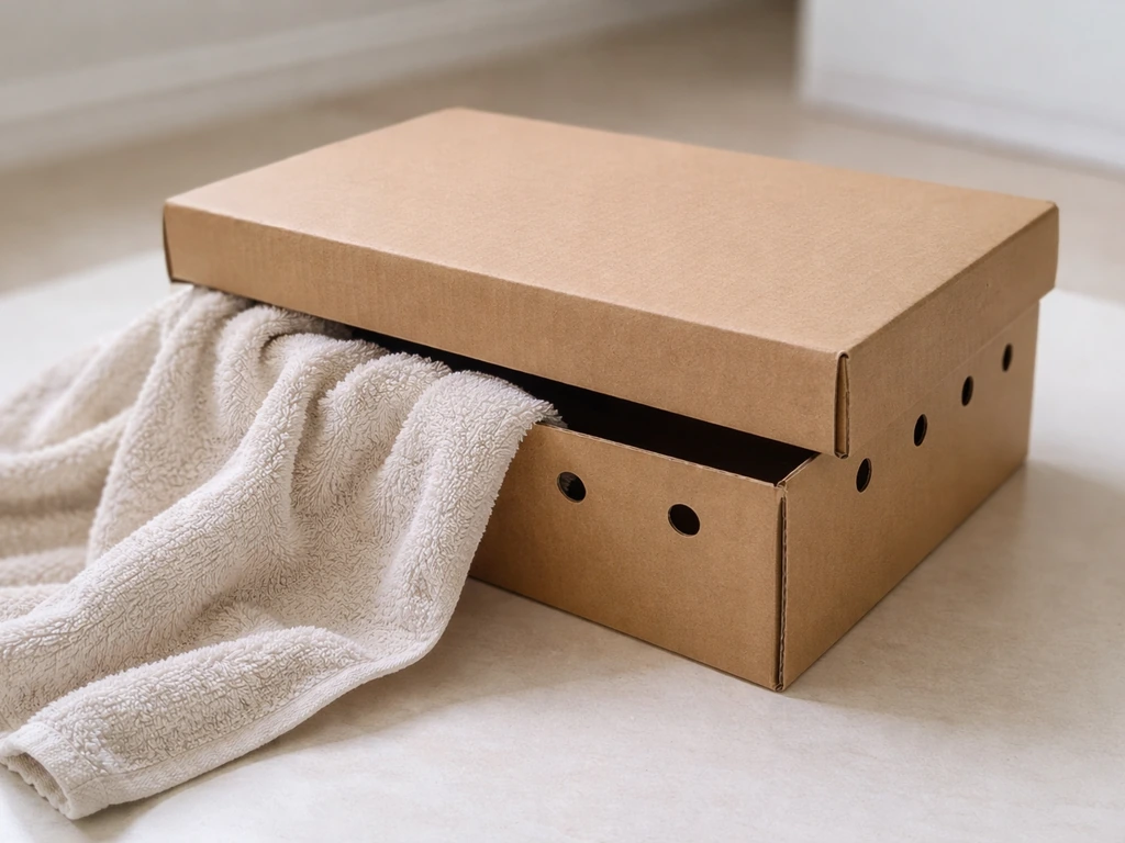 Cardboard shoebox with punched air holes and a light towel gently placed as if preparing to contain an injured bird.