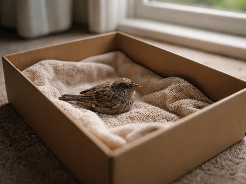An injured bird resting in a shoebox lined with fabric near a window, calm and sheltered