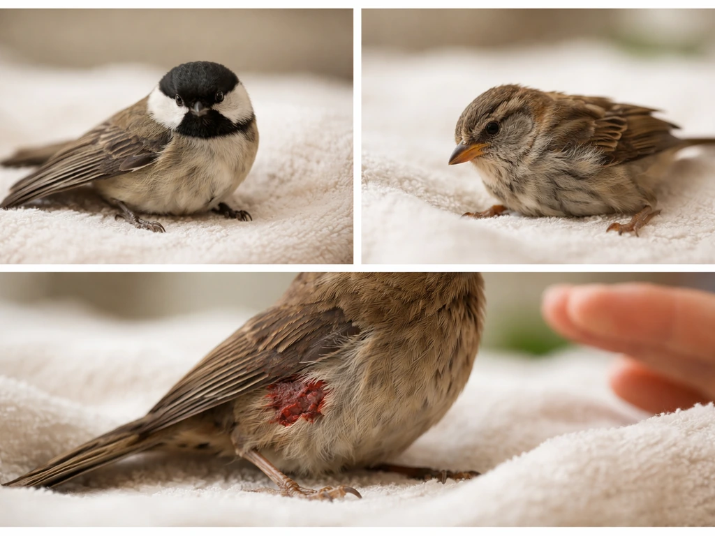 Three minimal close-ups of injured birds: drooping wing, unable to stand, and minor bleeding on leg.