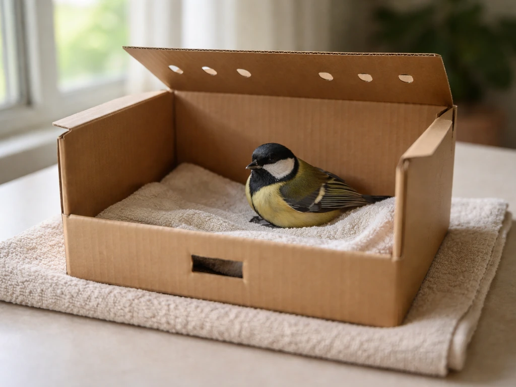 Small wild bird safely resting in a ventilated cardboard box on a quiet surface indoors.