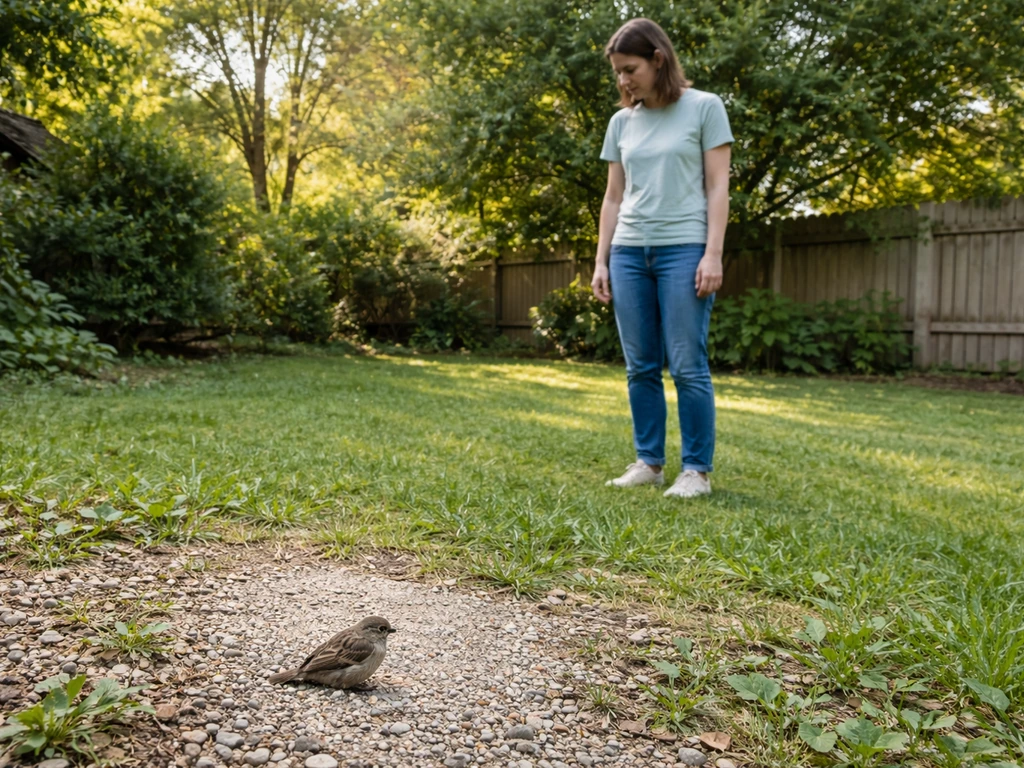 Person observing a distressed bird from a few feet away in a quiet yard, no handling
