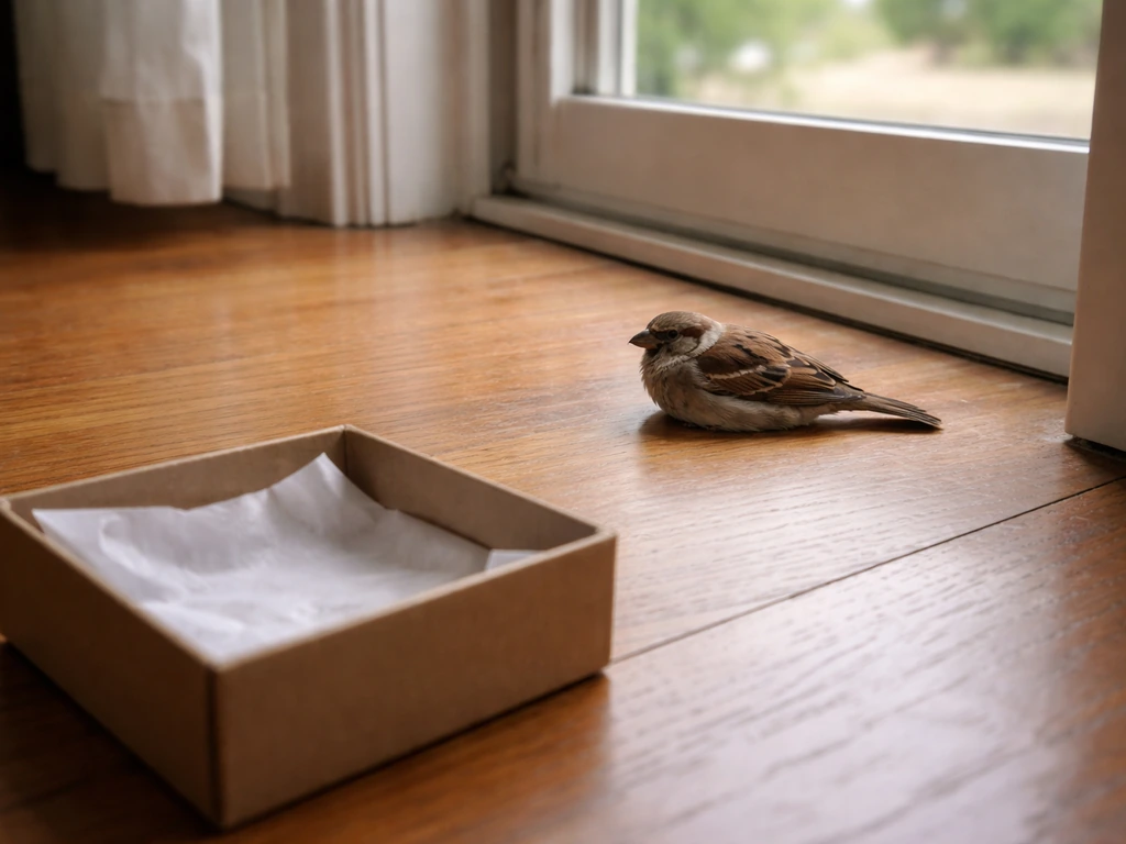 Stunned small bird resting on the floor near a window, with a nearby cardboard box for safe containment.