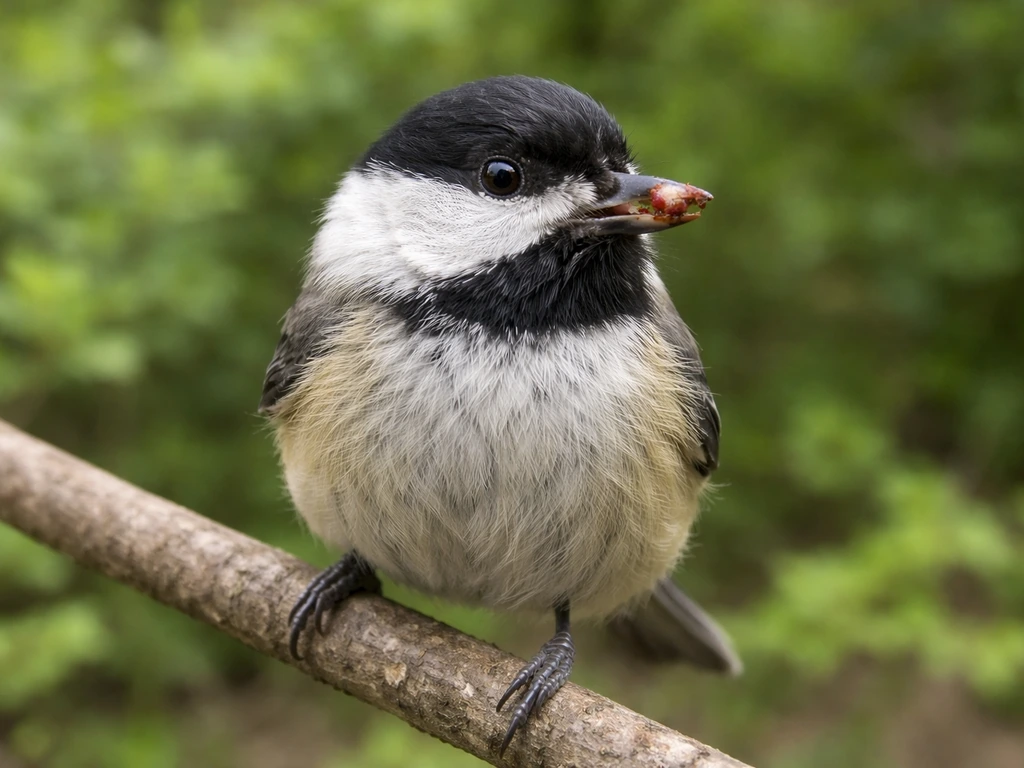 Close-up of a small bird on a branch with a cracked, slightly misaligned beak and minimal dried blood.