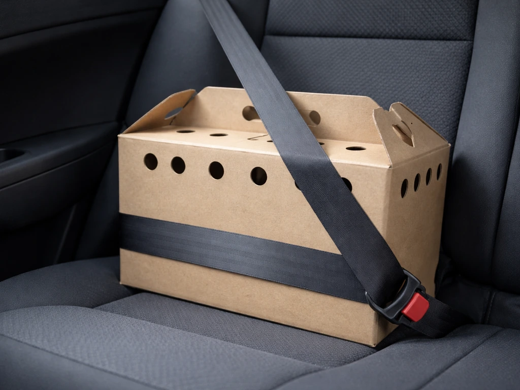 Closed pet transport box secured on a car seat with a seatbelt, calm safe setup.
