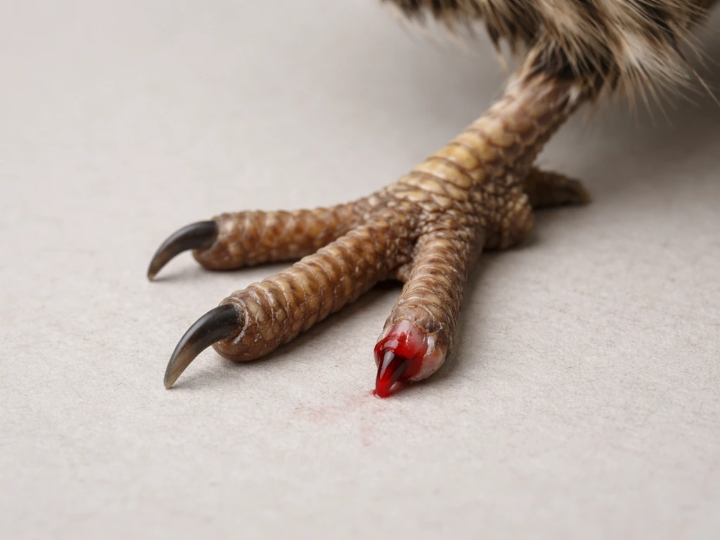 Close-up of a bird foot with a broken, bleeding nail on a clean neutral background