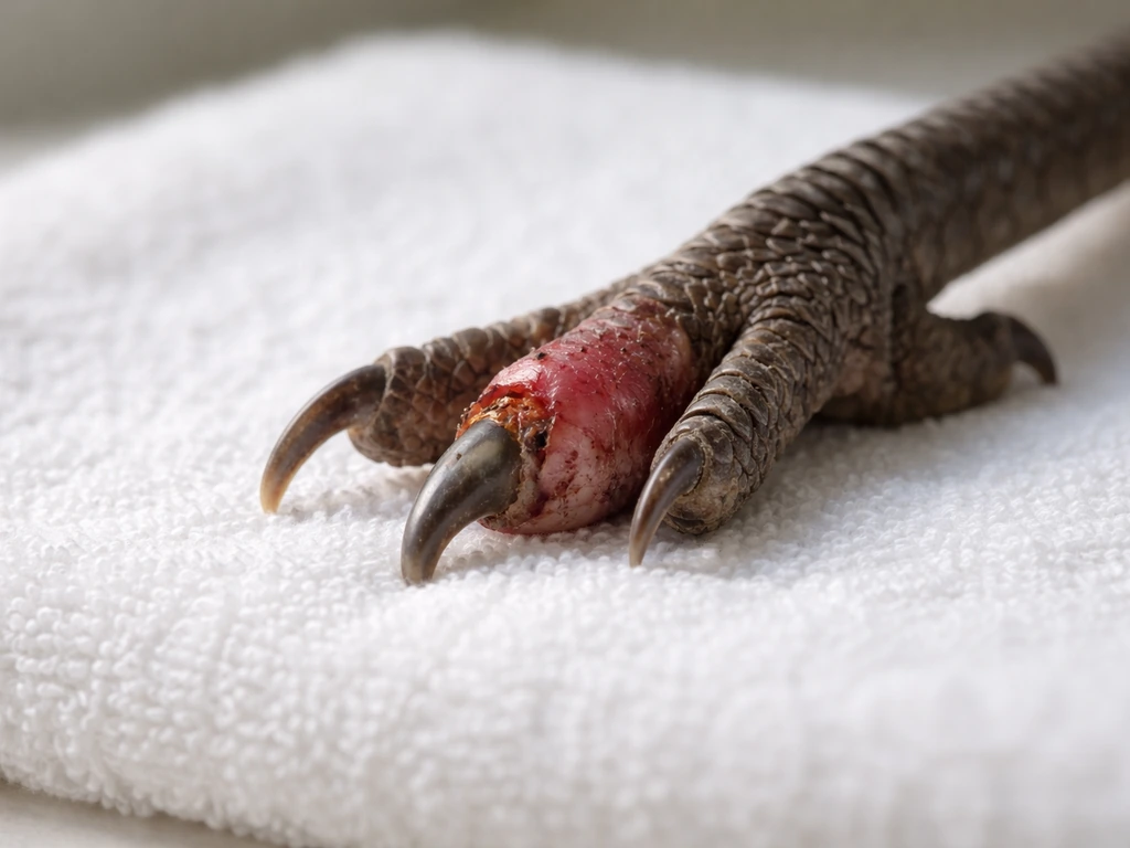 Close-up of a bird’s injured foot on a clean towel, showing swelling and torn skin near the nail