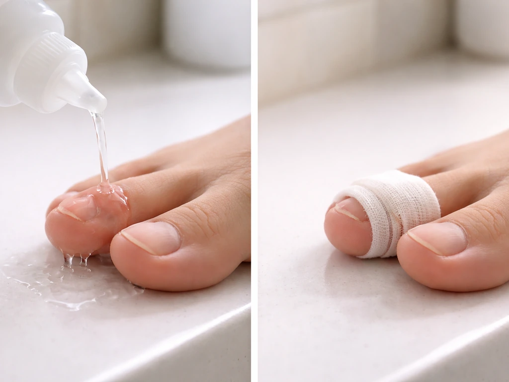 Bare foot toe being gently rinsed with water, then covered with a non-adherent gauze dressing