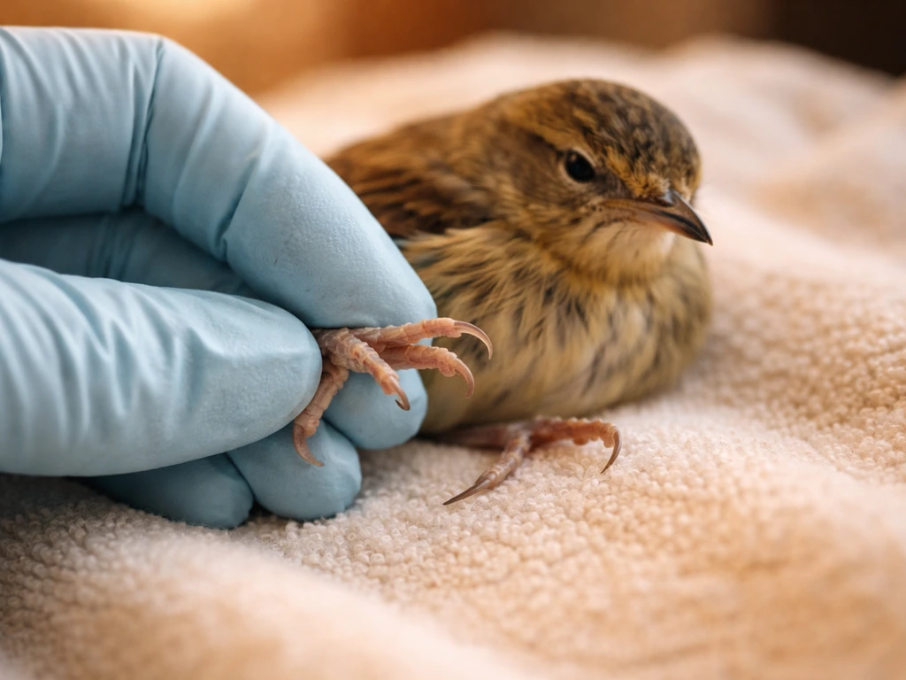 Close view of a small bird on a towel with toes being gently checked for abnormal posture/color.