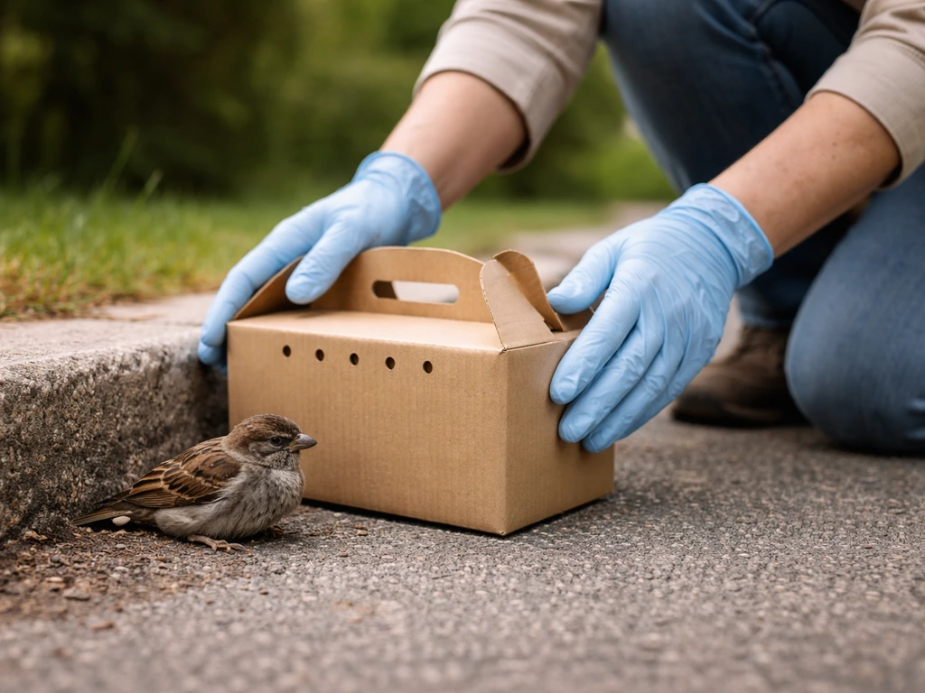 Gloved hands place a small cardboard carrier beside a found wild bird on the ground outdoors.