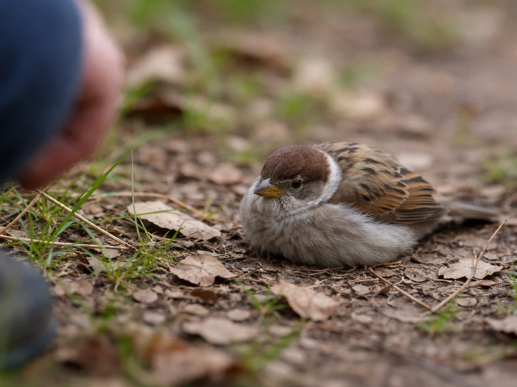 Small wild bird on the ground with fluffed, low posture, showing signs of distress from a safe distance.