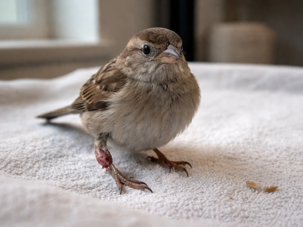 Small bird with one leg held oddly and swollen ankle joint, photographed safely at a distance.