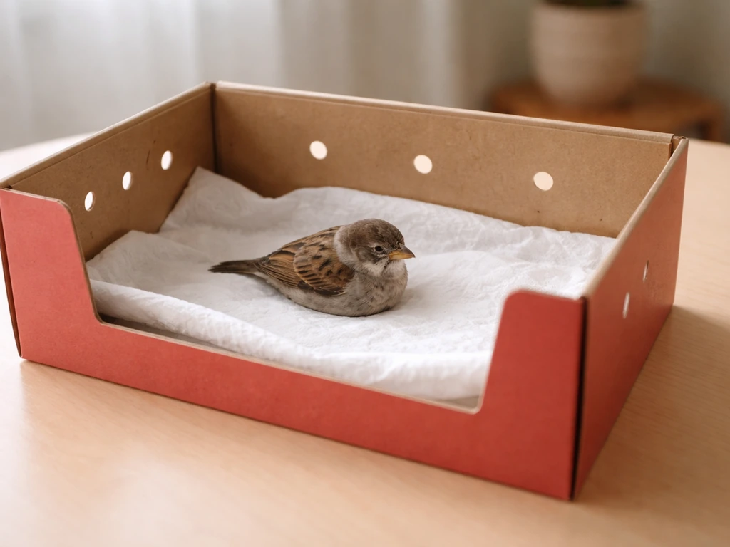 A bird calm inside an air-holed shoebox lined with a soft paper towel in a warm quiet room.