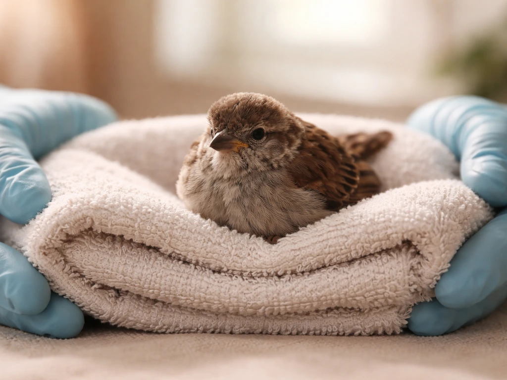 Small injured bird calmly stabilized on a soft towel in a quiet, safe indoor setting.