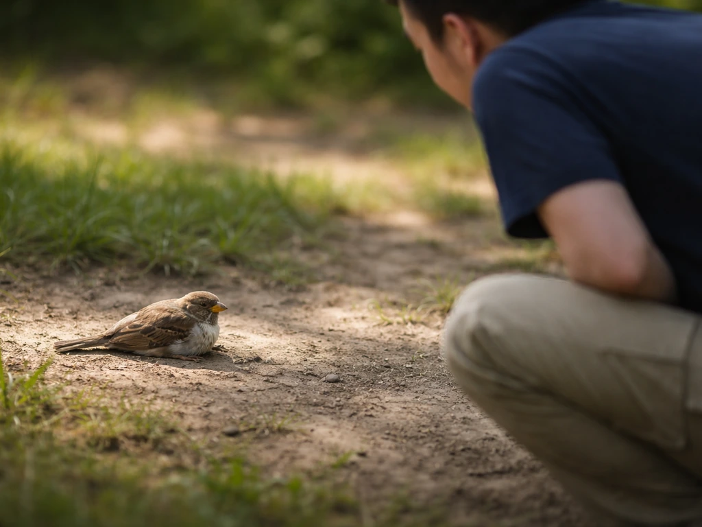 Rescuer crouches a few feet away watching a small bird’s breathing without touching it.