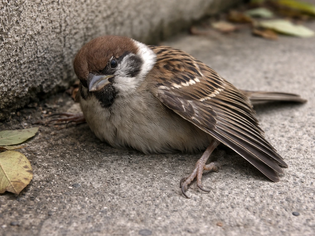 Injured bird on the ground with a wing drooping at an abnormal angle, showing suspected fracture.